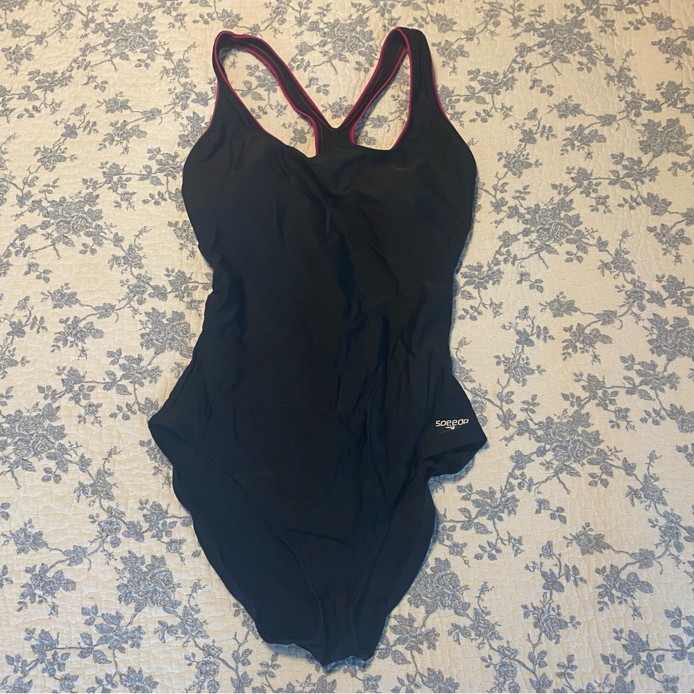 Speedo Black One-Piece Full Coverage Swimsuit with Pink Trim Size 12